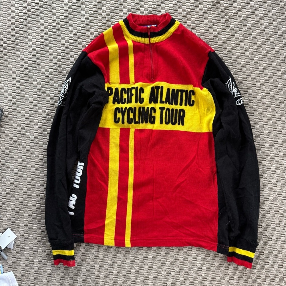 Pacific Atlantic Cycling Tour PAC red and yellow knit biker top shirt